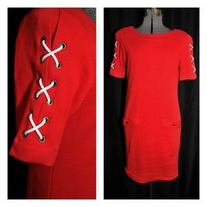 VTG 80s Red Jersey Dress Shoelace Sleeve Size XS